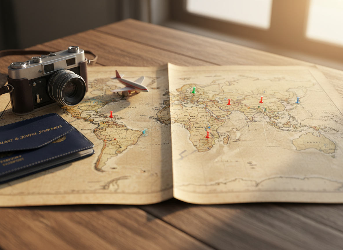 A well-worn world map spread across a rustic wooden table, with a softly creased fold line running through the center and colorful pushpins marking famous cities on every continent. Nearby, a slightly scuffed vintage camera, a glossy passport holder, and a tiny toy airplane rest casually, hinting at years of adventures. Golden hour sunlight streams in from an unseen window, casting warm highlights on the glossy map surface and creating playful, elongated shadows. Shot from a slightly elevated angle in photographic realism, the focus is sharp on the central Atlantic, with the background edges gently blurred. The mood is playful and inspiring, evoking the start of a new trip and the joy of planning future travels for a blog about smart, joyful journeys.